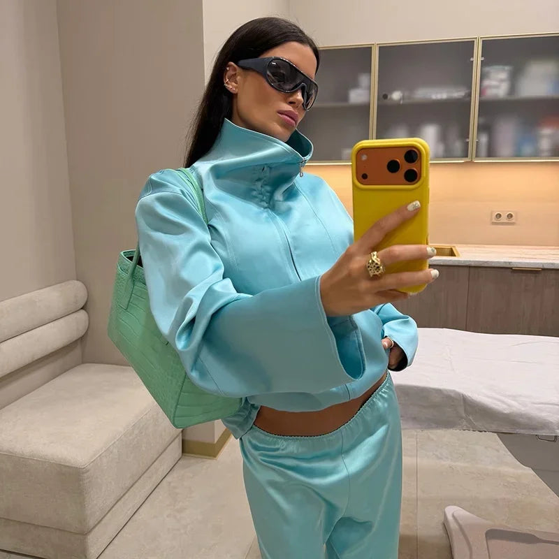 Women Satin Stand Collar Loose Jacket 2 Piece Set Long Sleeve Zip Coat Elastic Waist Pants Matching Co Ord 2026 Casual Outfits