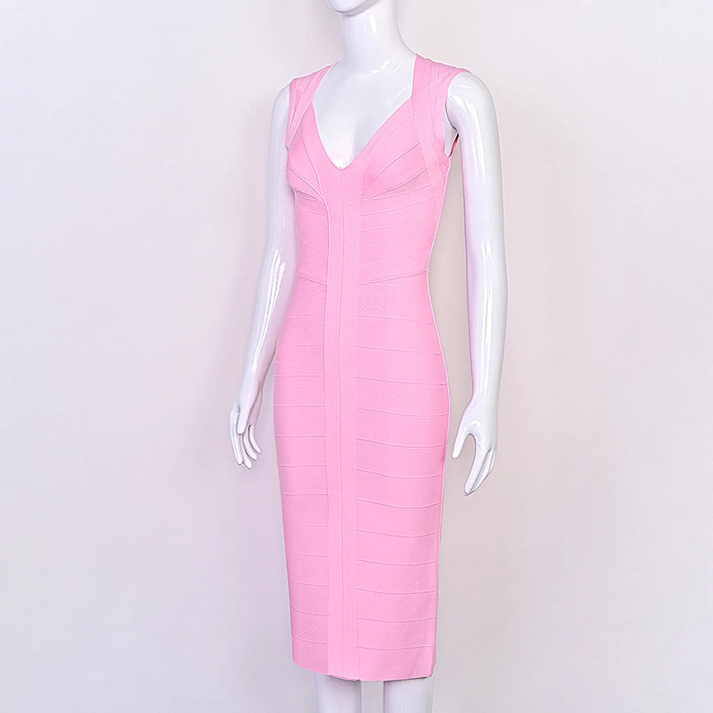 BEAUKEY Luxury Sexy Plunge V Bandage Long Dress Women Striped  Bodyocn  Party Celebrity Evening Dress Elastic Knitted Vestidos