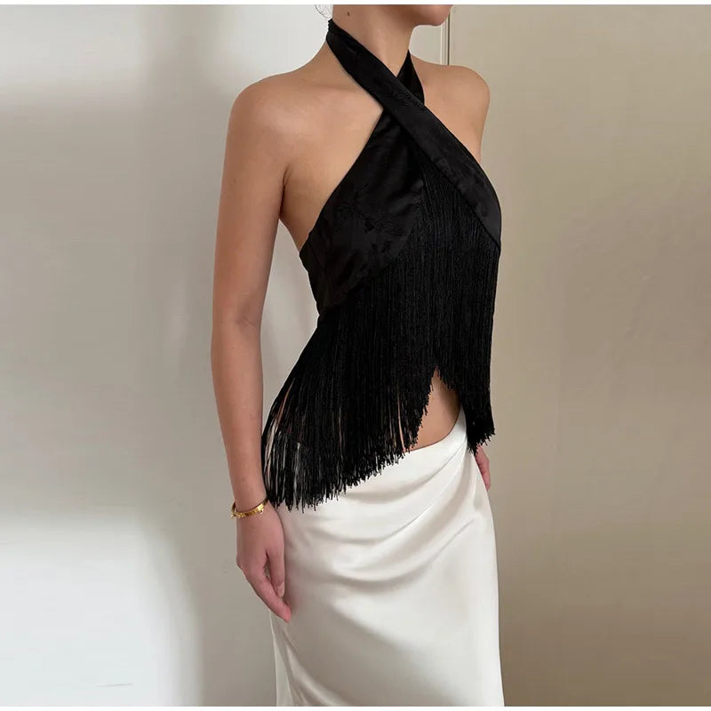 Solid Satin Women Fringe Top Cross Halter Neck Sleeveless Off Shoulder Backless Fashion Crop Tank Tops 2026 Summer Chic Outfits