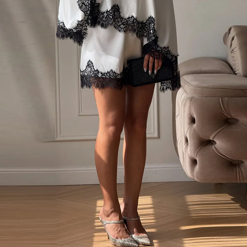 Elegant Lace Patchwork Women's Shirt Skirts Suit Long Sleeve  Off Shoulder Loose Lady Set 2026 Summer Autumn Chic Female Outfits