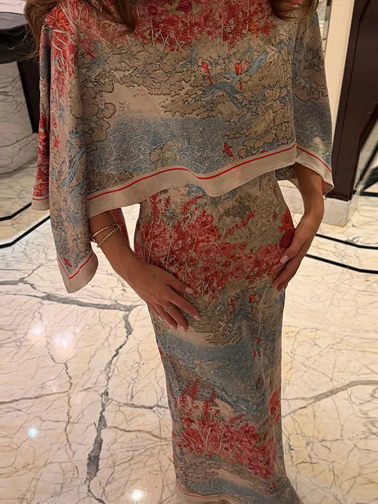 Women Tropical Leaf Print Cape Two Piece Set Batwing Loose Top High Waist Maxi Dress 2026 Summer Fashion Vacation Casual Suit