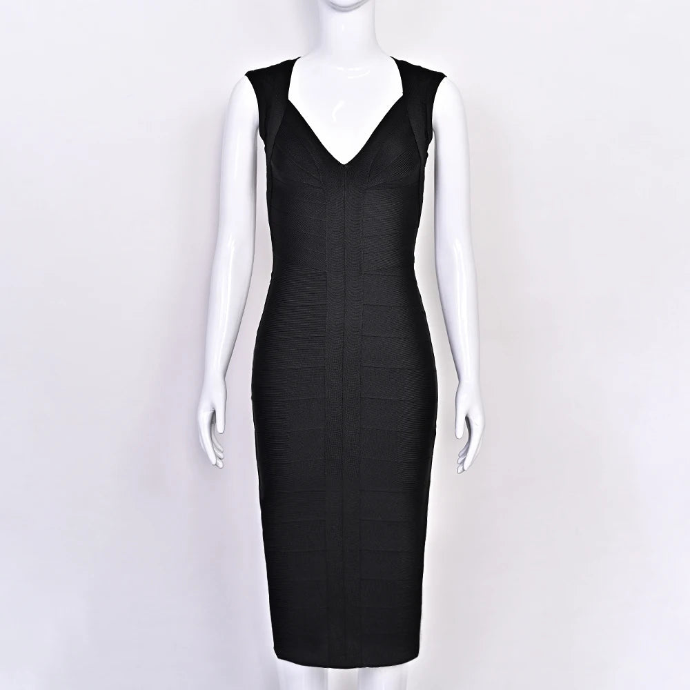 BEAUKEY Luxury Sexy Plunge V Bandage Long Dress Women Striped  Bodyocn  Party Celebrity Evening Dress Elastic Knitted Vestidos