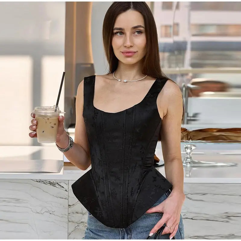 Women Top Floral Printed Spaghetti Strap Corset Top U-Neck Fishbone Boned Cinched Waist Irregular Hem Retro Vacation Camisole