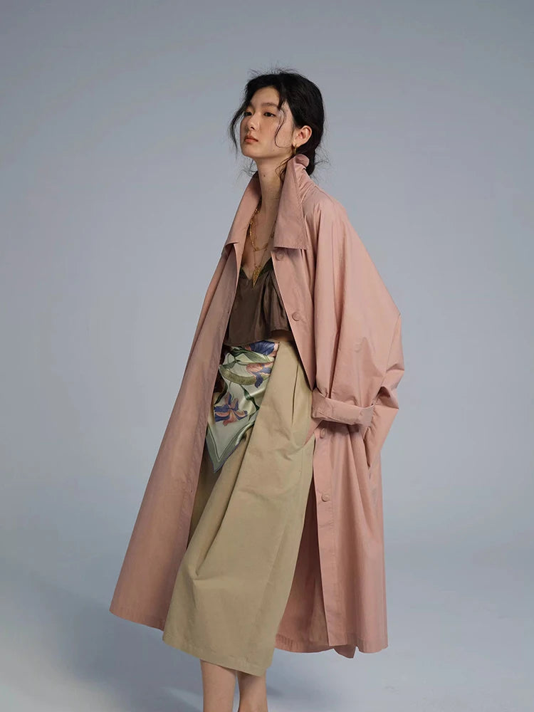 Lautaro Spring Autumn Long Oversized Thin Pink Trench Coat for Women Single Breasted Elegant Chic Luxury Designer Clothing 2026