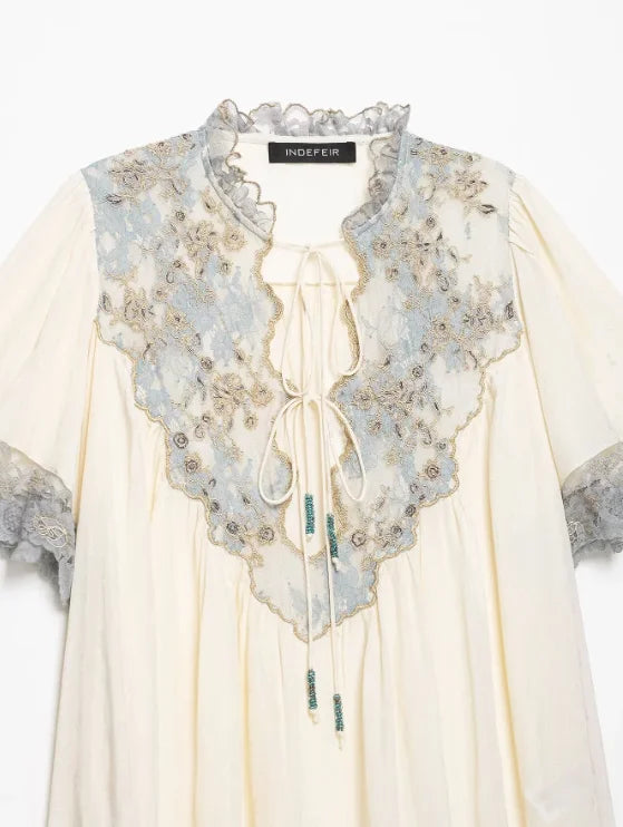 Floral Stamp Lace Patchwork Blouse Ruffle Neck Tie Front Puff Short Sleeve Loose Boho Shirt Women's Casual Vacation Top 2026 New