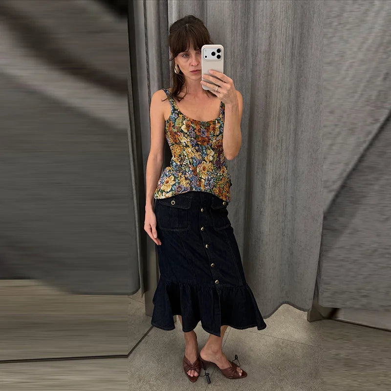 Women Top Floral Printed Spaghetti Strap Corset Top U-Neck Fishbone Boned Cinched Waist Irregular Hem Retro Vacation Camisole