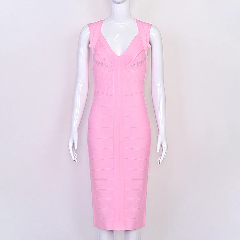 BEAUKEY Luxury Sexy Plunge V Bandage Long Dress Women Striped  Bodyocn  Party Celebrity Evening Dress Elastic Knitted Vestidos
