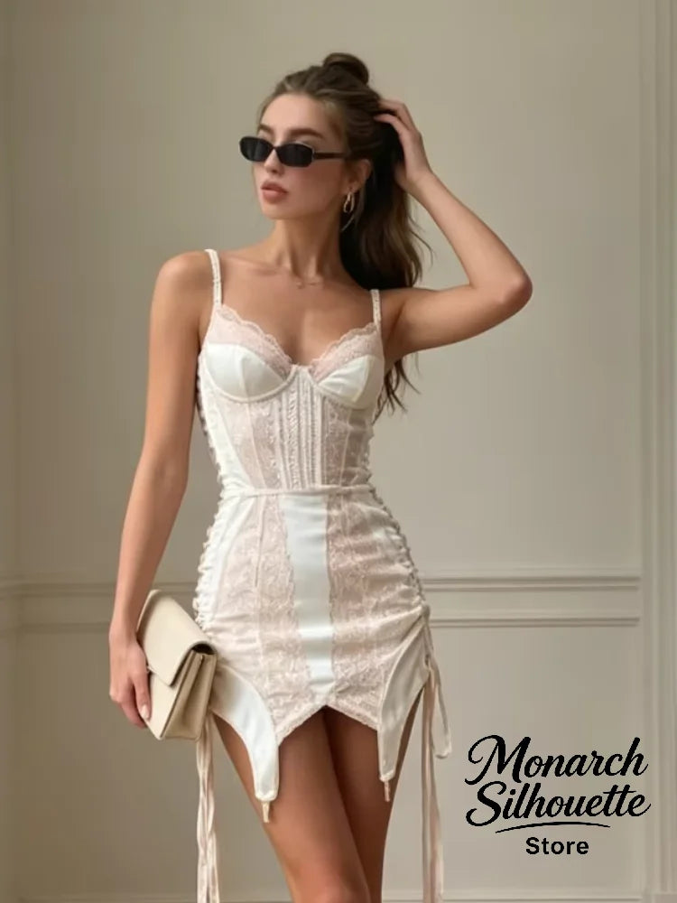 Sexy Lace Patchwork Slim Short Dress Women Chic Sleeveless V-neck Waist Cinching Irregular Hem Dresses Lady Summer Party Wear