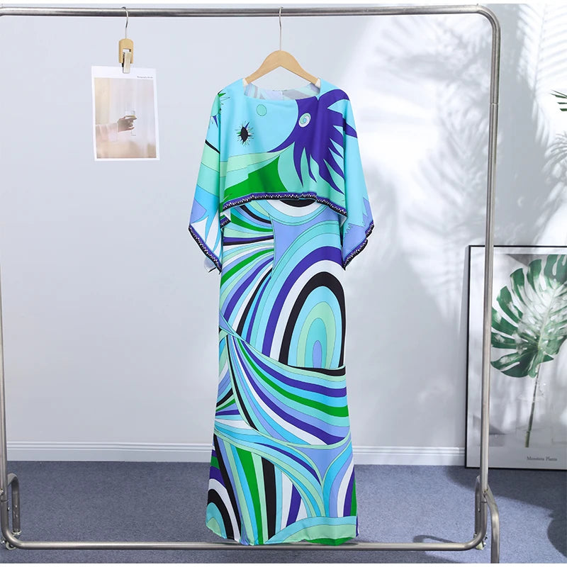Women Tropical Leaf Print Cape Two Piece Set Batwing Loose Top High Waist Maxi Dress 2026 Summer Fashion Vacation Casual Suit