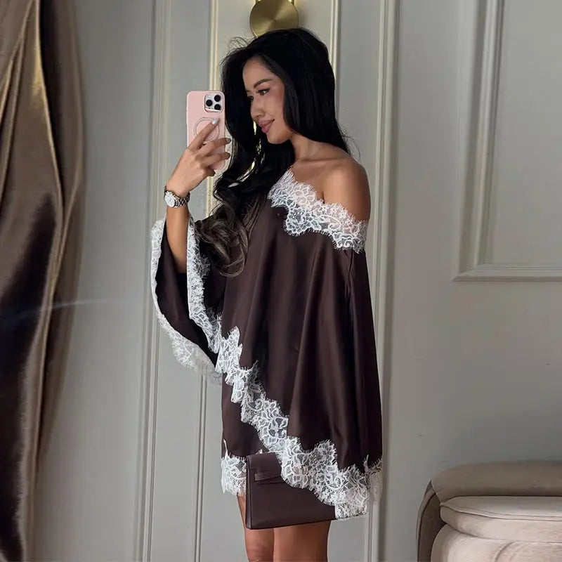 Elegant Lace Patchwork Women's Shirt Skirts Suit Long Sleeve  Off Shoulder Loose Lady Set 2026 Summer Autumn Chic Female Outfits