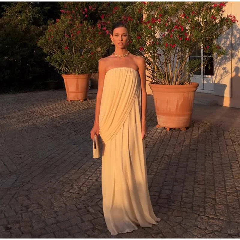 Sexy Pleated Strapless Maxi Dress Women Chic Solid Sleeveless Backless Loose Long Dresses 2026 Summer Lady Vacation Beach Outfit