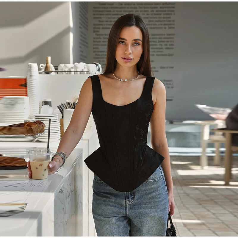 Women Top Floral Printed Spaghetti Strap Corset Top U-Neck Fishbone Boned Cinched Waist Irregular Hem Retro Vacation Camisole