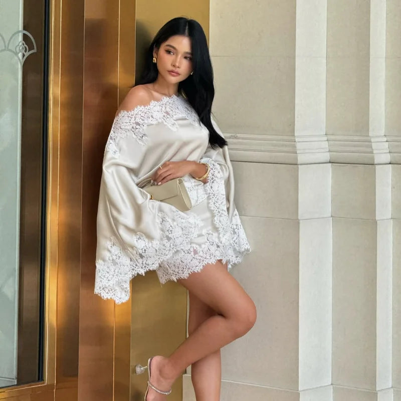 Elegant Women's Satin Lace Patchwork Top Skirt Set Loose Sloping Shoulder Full Sleeve Top Mini Skirts 2026 Summer Lady Suit