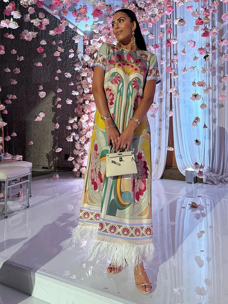 Chic Printed Women's Dress O-Neck Short Sleeve Loose Feather Patchwork Women'S Long Dresses 2026 Summer Female Vacation Robe