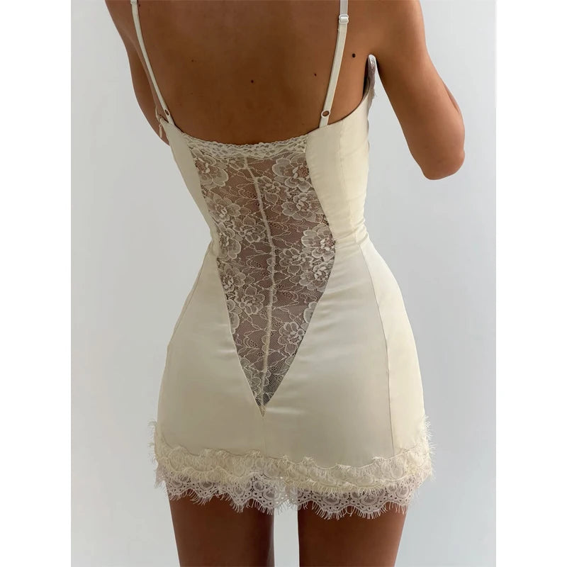 Sexy Lace Trim Satin Short Dress Women Solid Square Neck Sleeveless Waist Cinching Split Mini Dresses Summer Lady Party Robes