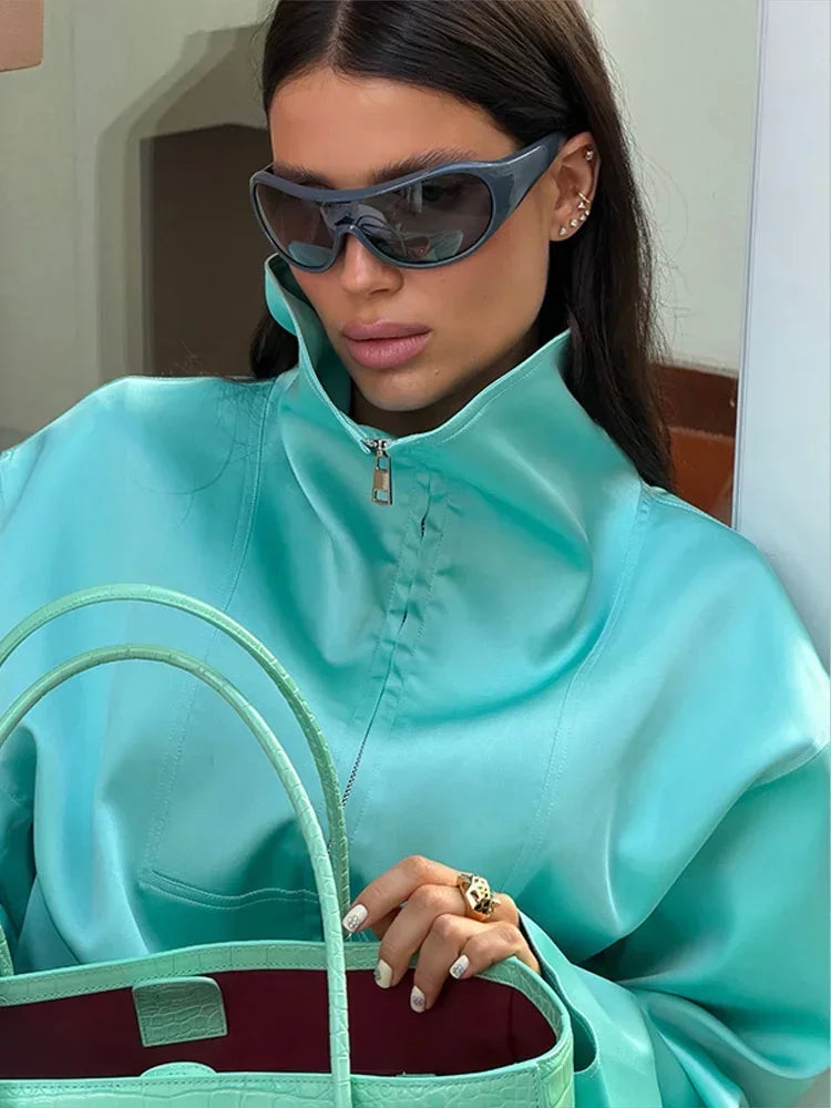 Women Satin Stand Collar Loose Jacket 2 Piece Set Long Sleeve Zip Coat Elastic Waist Pants Matching Co Ord 2026 Casual Outfits