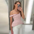 Elegant Off Shoulder Blue Tube Top Women's Contrast Lace Up Waist Cinched Corset Tops 2026 Summer New Lady Fashion Streetwear