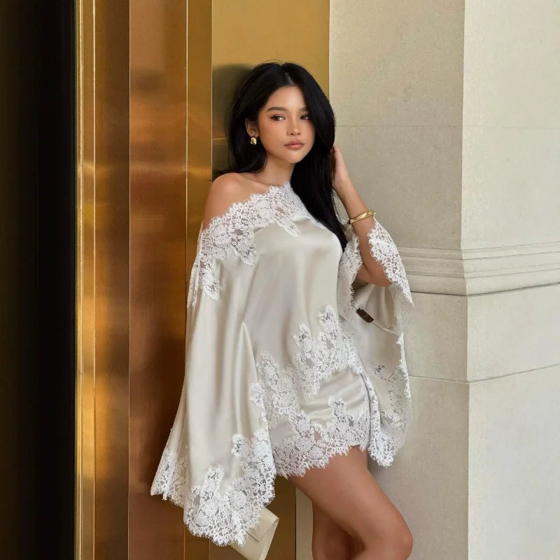 Elegant Women's Satin Lace Patchwork Top Skirt Set Loose Sloping Shoulder Full Sleeve Top Mini Skirts 2026 Summer Lady Suit