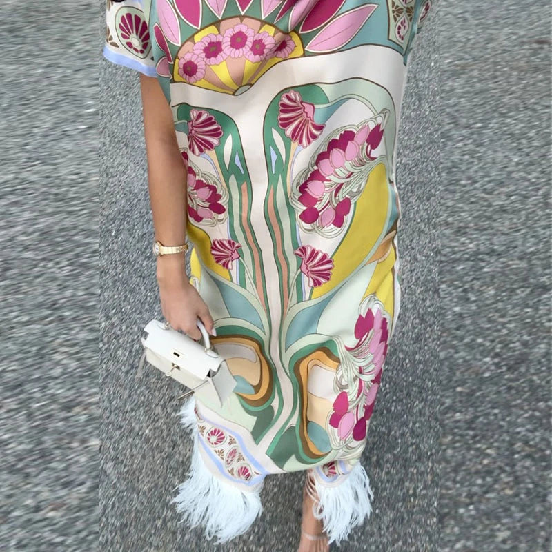 Chic Printed Women's Dress O-Neck Short Sleeve Loose Feather Patchwork Women'S Long Dresses 2026 Summer Female Vacation Robe