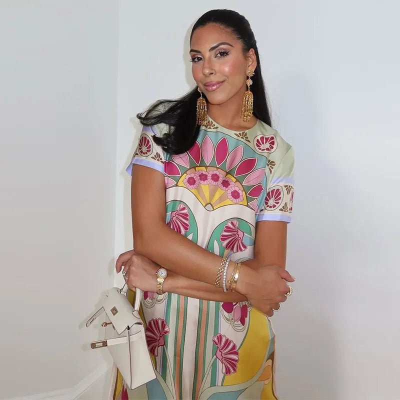 Chic Printed Women's Dress O-Neck Short Sleeve Loose Feather Patchwork Women'S Long Dresses 2026 Summer Female Vacation Robe