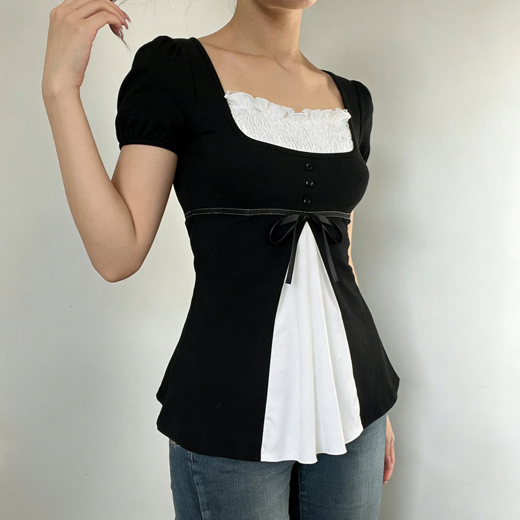 [RUOKE] Casual Y2K Contrast Color Top Women Spring Summer Square Neck Puff Sleeve Bow Slim A-line Babydoll Blouse Sweet Coquette