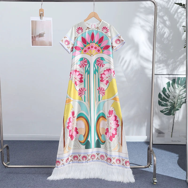 Chic Printed Women's Dress O-Neck Short Sleeve Loose Feather Patchwork Women'S Long Dresses 2026 Summer Female Vacation Robe