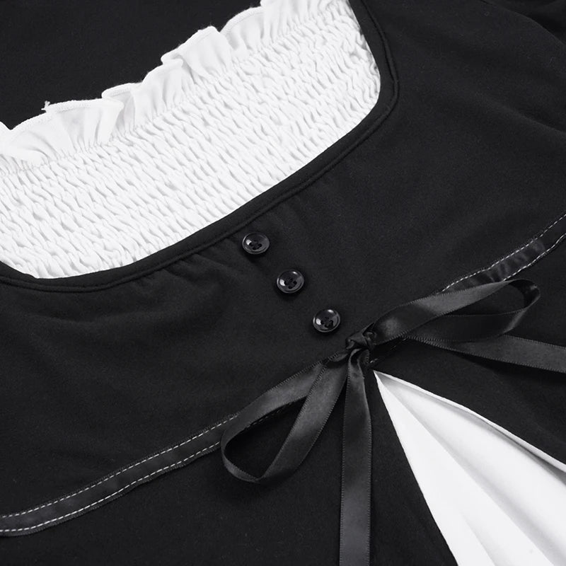 [RUOKE] Casual Y2K Contrast Color Top Women Spring Summer Square Neck Puff Sleeve Bow Slim A-line Babydoll Blouse Sweet Coquette