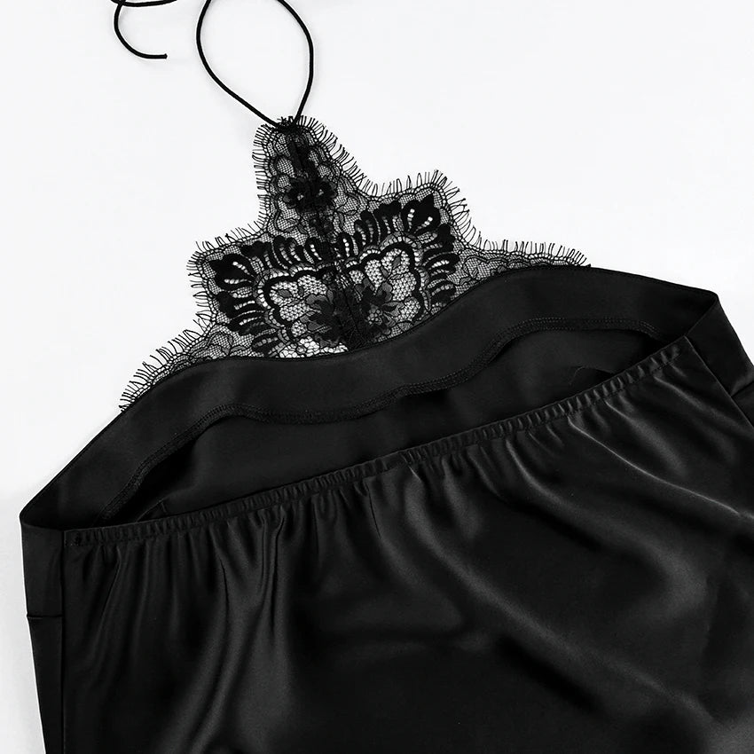 Linad Sexy High Waist Lace Mini Halter Dress Women 2026 Summer Black Satin Slim Party Dresses Elegant Silk Pencil Dress Female