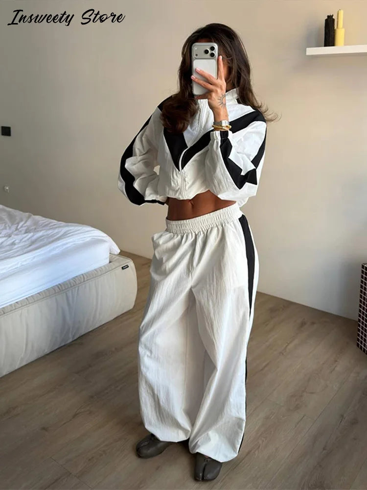Fashion Color Block 2 Piece Tracksuit Women's Stand Collar Zip Lightweight Jacket Loose Mini Shorts 2026 New Lady Casual Outfit