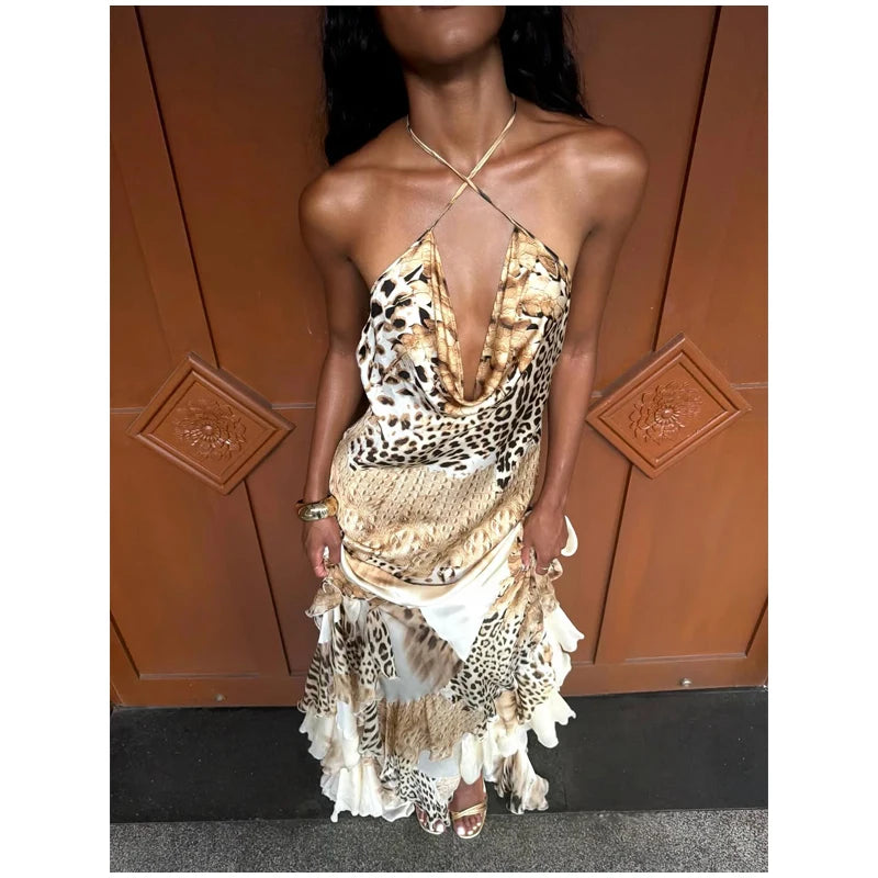 Women's Leopard Print Long Maxi Dress Halter Neck Plunge Front Tiered Ruffle Mermaid Skirt Elegant Party Cocktail Daily Gowns