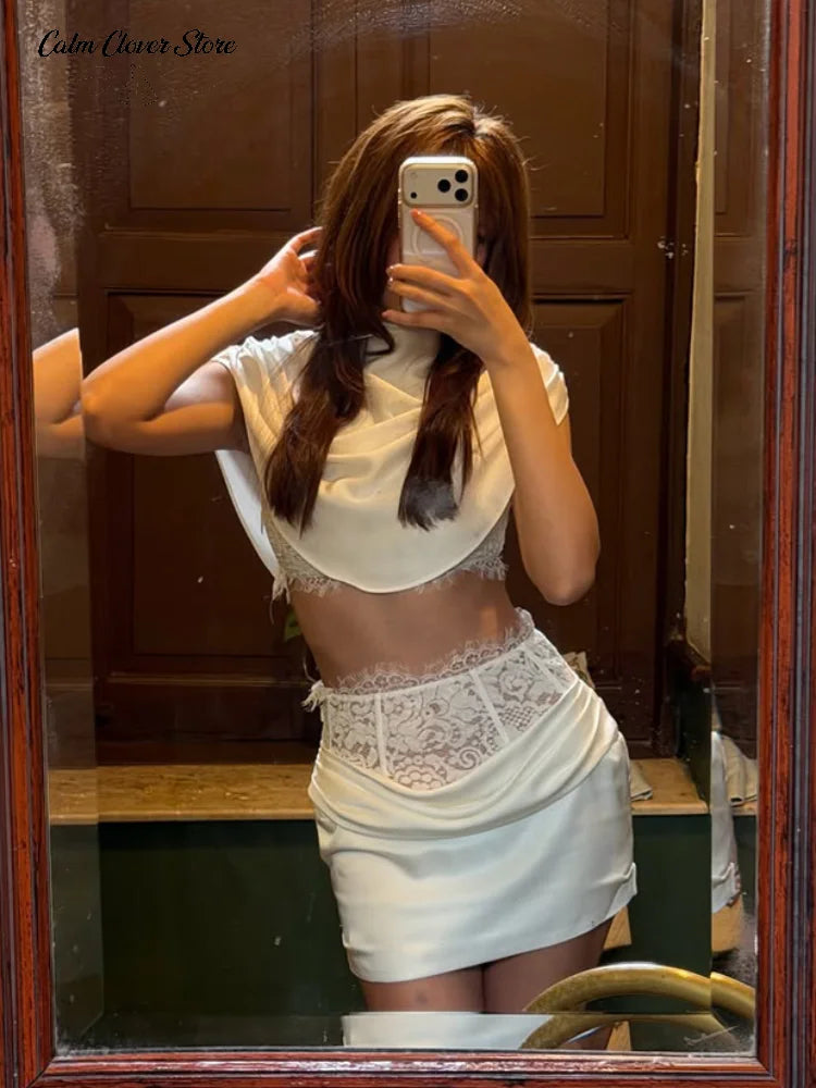Solid Satin Lace Spliced Co-ords Lady Chic Draped Cowl Neck Ruched Cropped Top With Bodycon Mini Skirt New Party Banquet Wear