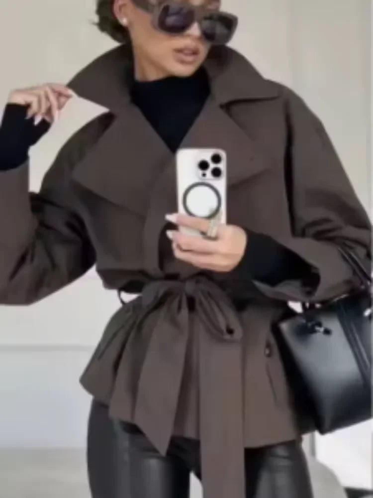 Women Lapel Lace Up Short Trench Coat Casual Full Sleeve Double Breasted Loose Cropped Windbreakers 2026 New Lady Commute Coats