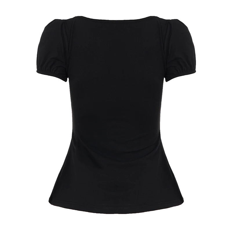 [RUOKE] Casual Y2K Contrast Color Top Women Spring Summer Square Neck Puff Sleeve Bow Slim A-line Babydoll Blouse Sweet Coquette