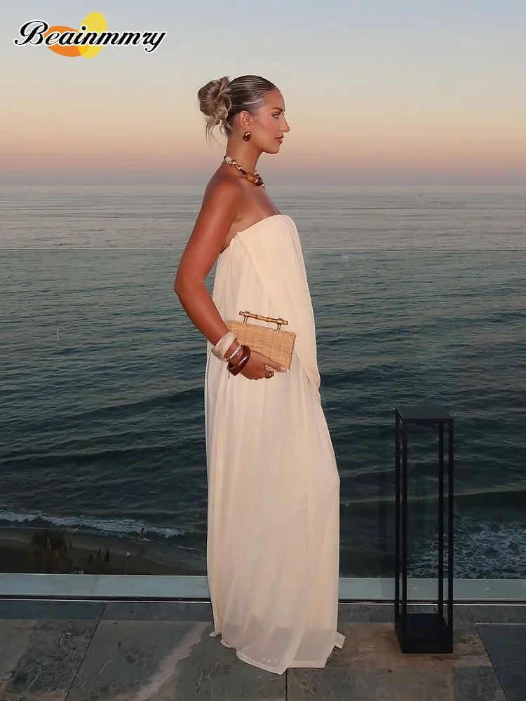 Sexy Pleated Strapless Maxi Dress Women Chic Solid Sleeveless Backless Loose Long Dresses 2026 Summer Lady Vacation Beach Outfit