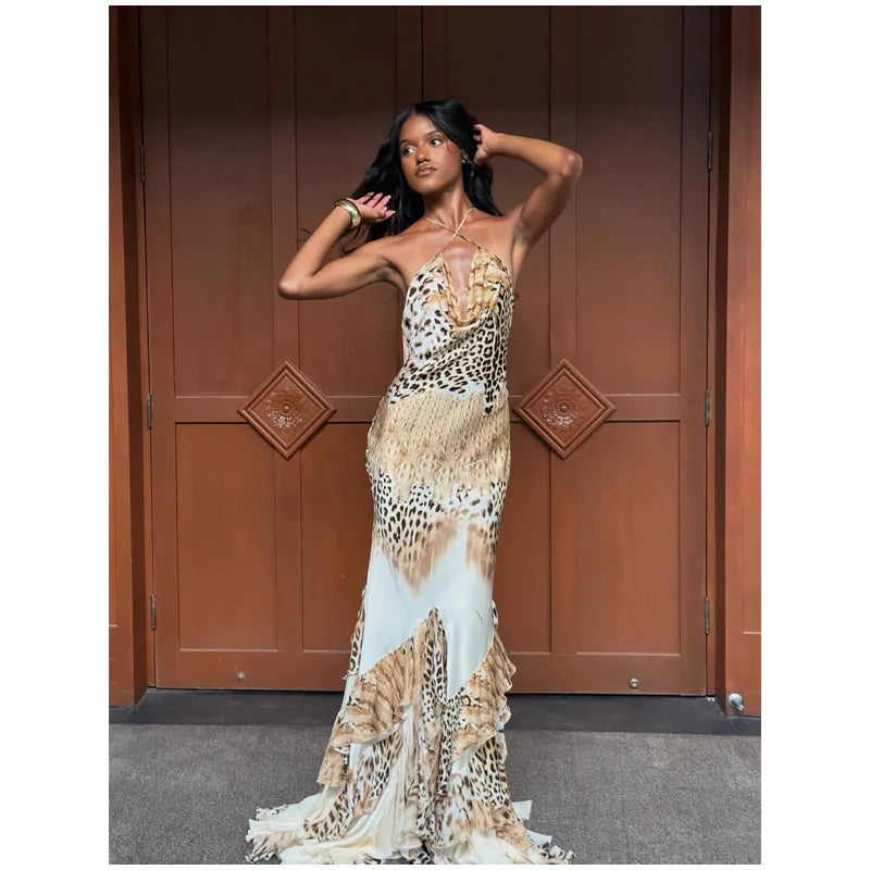 Women's Leopard Print Long Maxi Dress Halter Neck Plunge Front Tiered Ruffle Mermaid Skirt Elegant Party Cocktail Daily Gowns