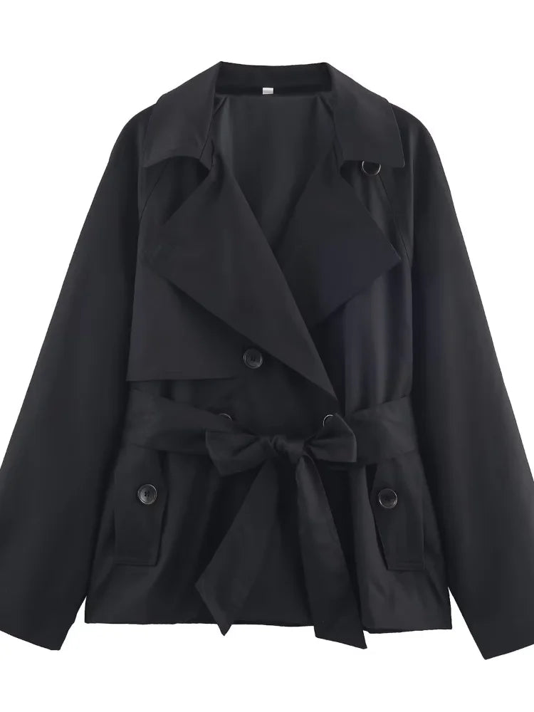 Women Lapel Lace Up Short Trench Coat Casual Full Sleeve Double Breasted Loose Cropped Windbreakers 2026 New Lady Commute Coats