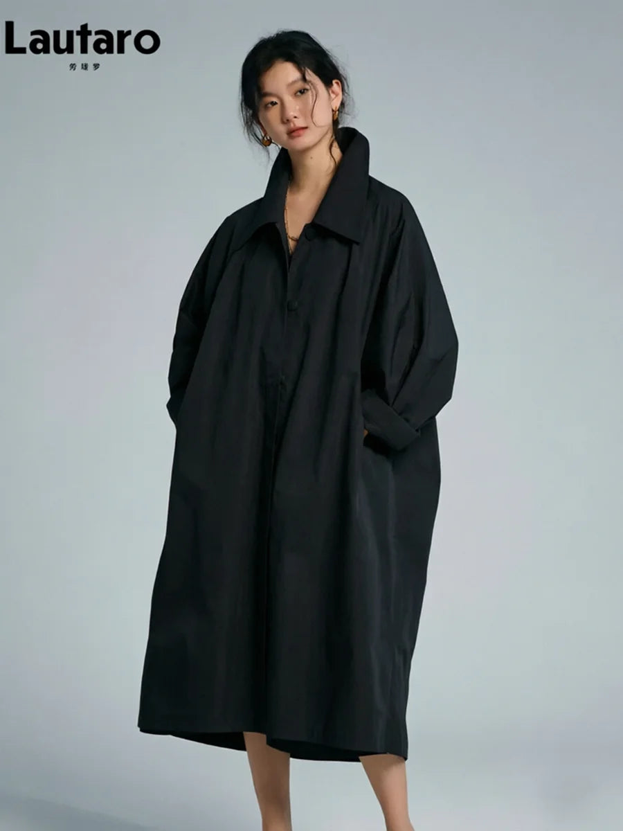 Lautaro Spring Autumn Long Oversized Thin Pink Trench Coat for Women Single Breasted Elegant Chic Luxury Designer Clothing 2026