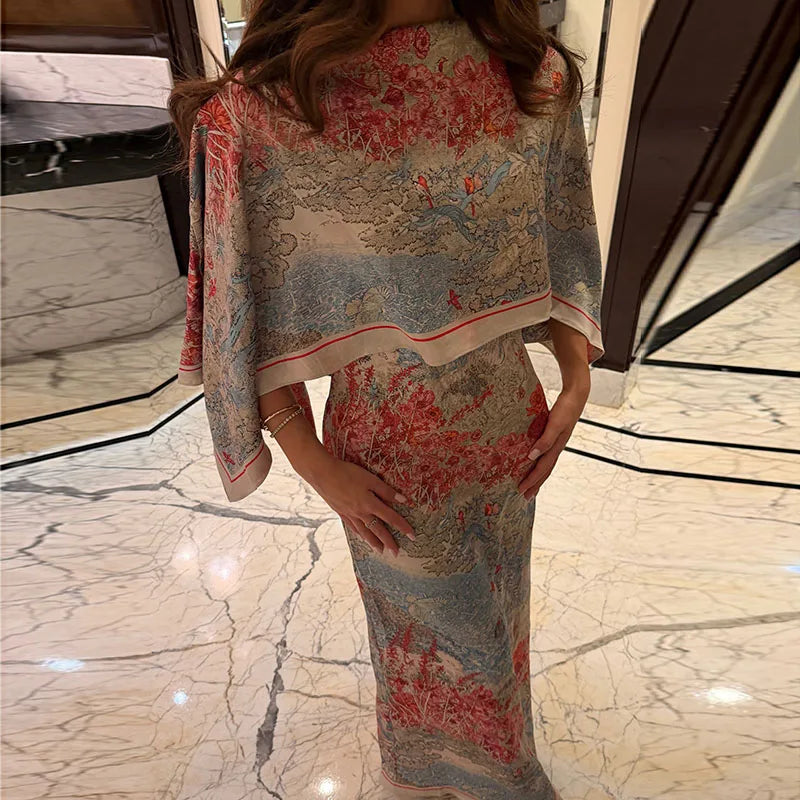 Women Tropical Leaf Print Cape Two Piece Set Batwing Loose Top High Waist Maxi Dress 2026 Summer Fashion Vacation Casual Suit