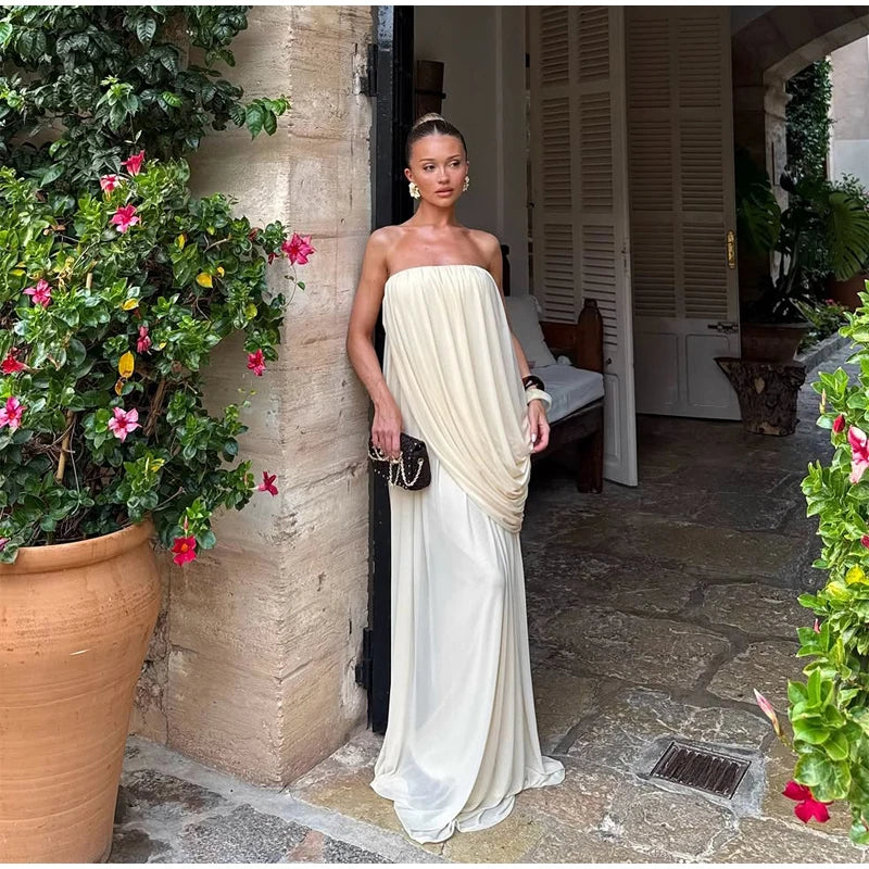Sexy Pleated Strapless Maxi Dress Women Chic Solid Sleeveless Backless Loose Long Dresses 2026 Summer Lady Vacation Beach Outfit