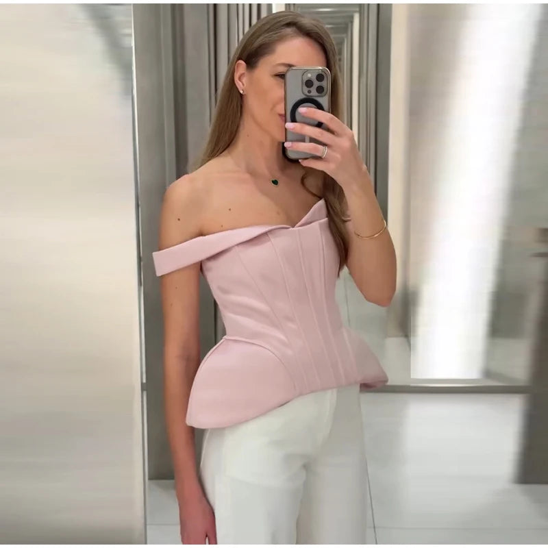 Elegant Off Shoulder Blue Tube Top Women's Contrast Lace Up Waist Cinched Corset Tops 2026 Summer New Lady Fashion Streetwear