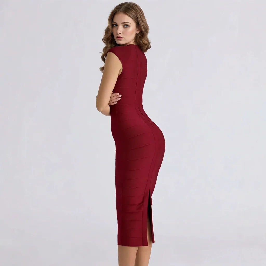 BEAUKEY Luxury Sexy Plunge V Bandage Long Dress Women Striped  Bodyocn  Party Celebrity Evening Dress Elastic Knitted Vestidos