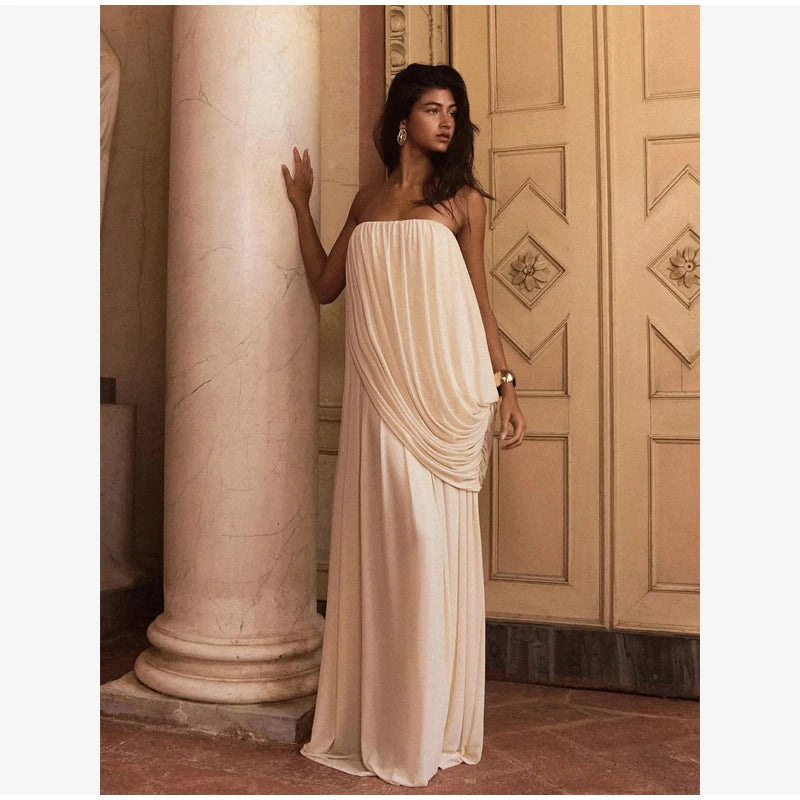 Sexy Pleated Strapless Maxi Dress Women Chic Solid Sleeveless Backless Loose Long Dresses 2026 Summer Lady Vacation Beach Outfit