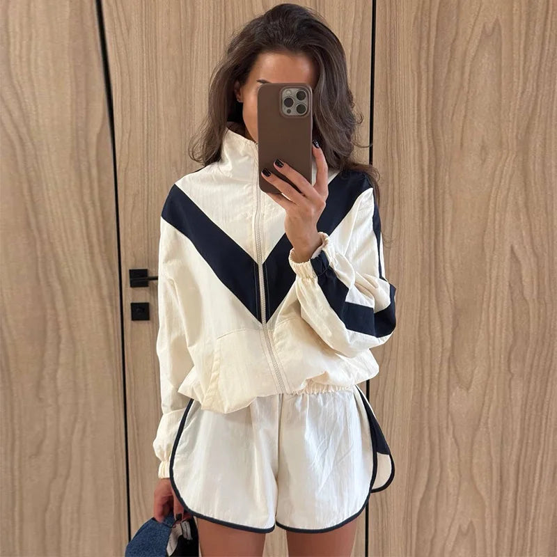 Fashion Color Block 2 Piece Tracksuit Women's Stand Collar Zip Lightweight Jacket Loose Mini Shorts 2026 New Lady Casual Outfit