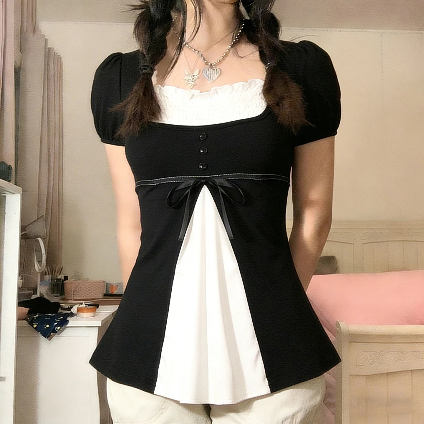 [RUOKE] Casual Y2K Contrast Color Top Women Spring Summer Square Neck Puff Sleeve Bow Slim A-line Babydoll Blouse Sweet Coquette