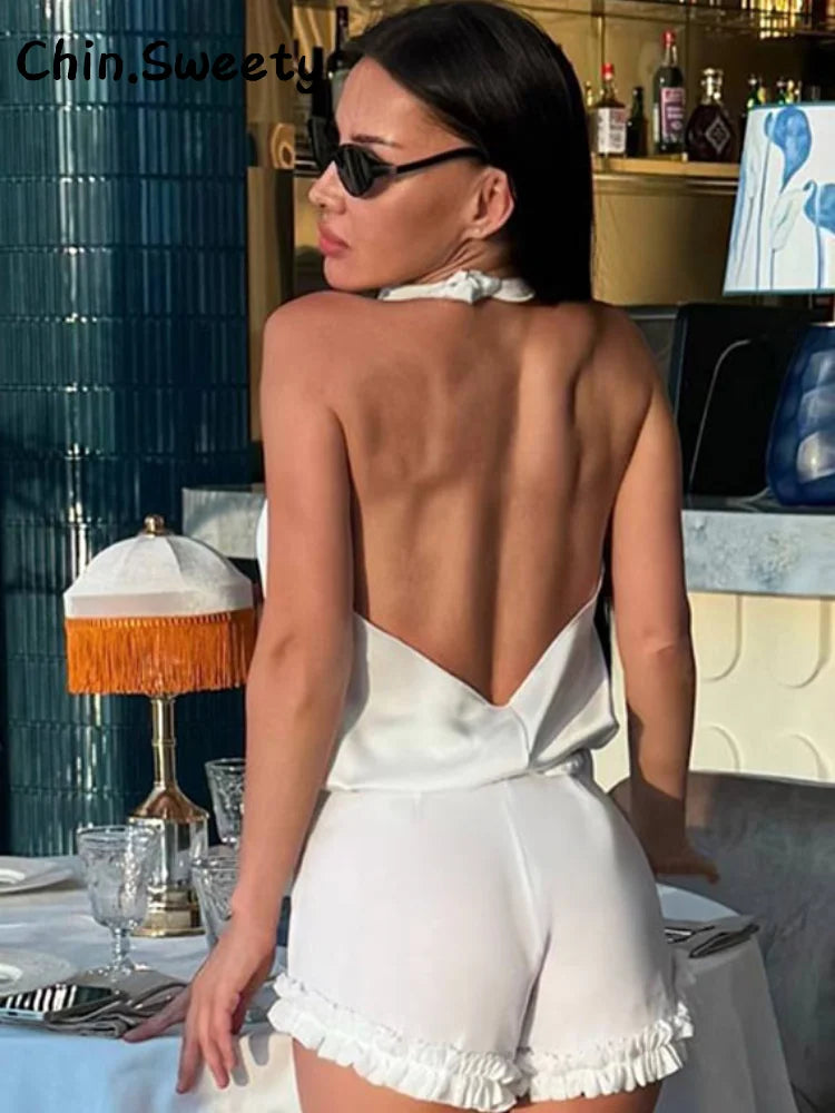 Elegant Women's Solid Halter Top Shorts Set Sleeveless Backless Swing Collar Vest Pleated Short Pant 2026 Summer Lady Beach Suit