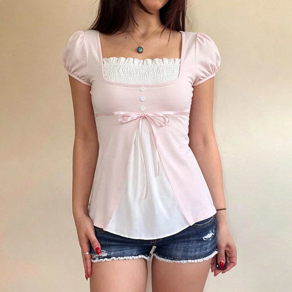 [RUOKE] Casual Y2K Contrast Color Top Women Spring Summer Square Neck Puff Sleeve Bow Slim A-line Babydoll Blouse Sweet Coquette