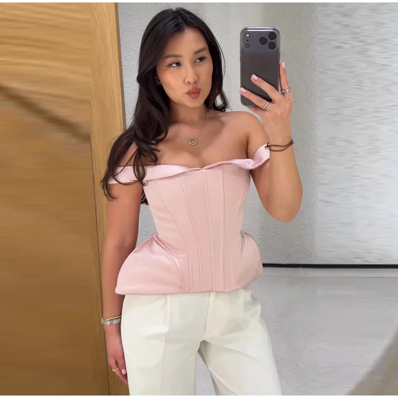 Elegant Off Shoulder Blue Tube Top Women's Contrast Lace Up Waist Cinched Corset Tops 2026 Summer New Lady Fashion Streetwear