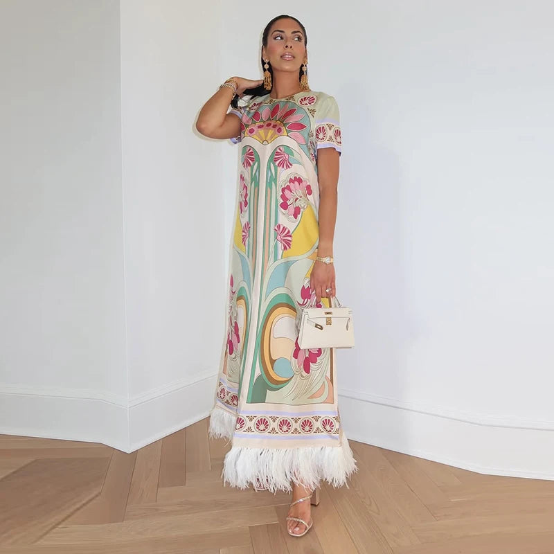 Chic Printed Women's Dress O-Neck Short Sleeve Loose Feather Patchwork Women'S Long Dresses 2026 Summer Female Vacation Robe