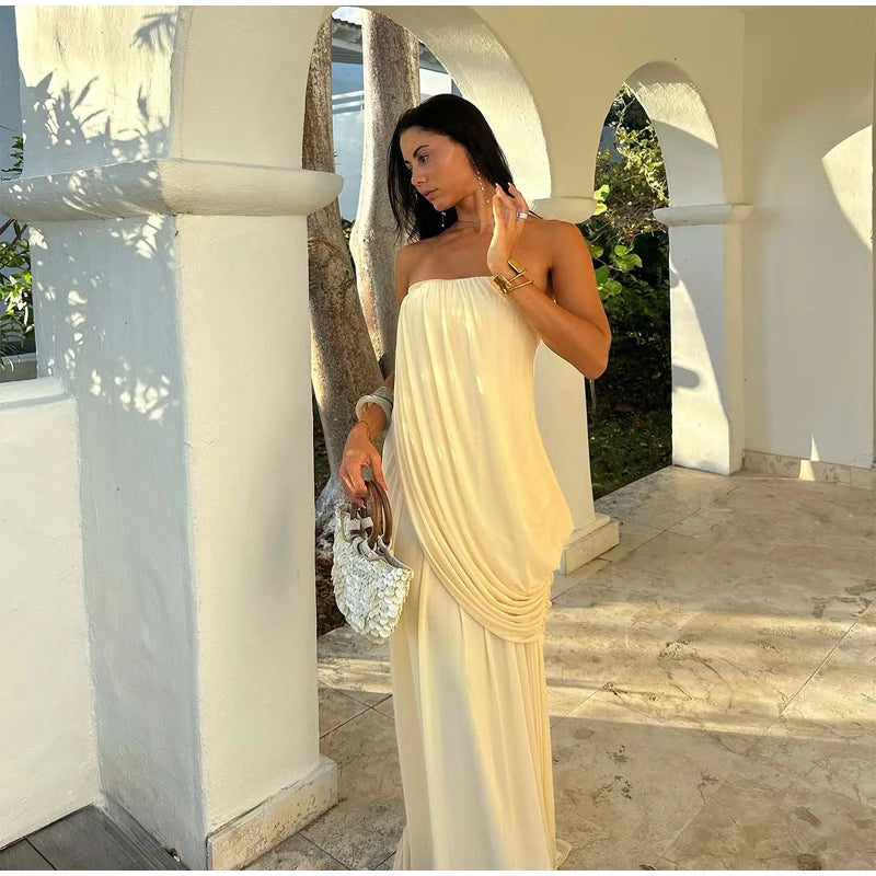 Sexy Pleated Strapless Maxi Dress Women Chic Solid Sleeveless Backless Loose Long Dresses 2026 Summer Lady Vacation Beach Outfit
