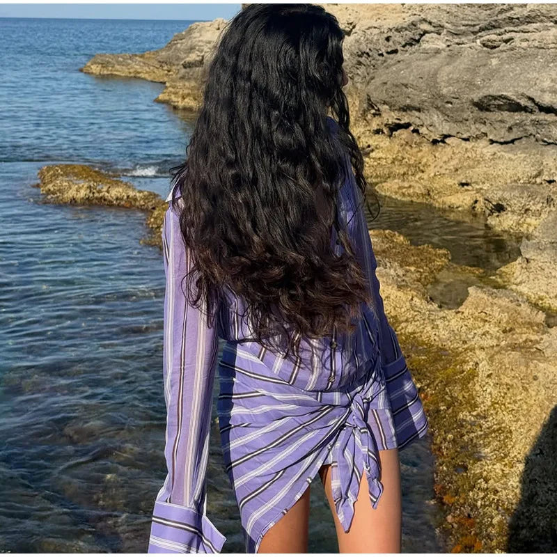 Stripe Wrap Tie Shirt Mini Dress Lapel Collar Long Flare Sleeve Loose Casual Dresses 2026 Summer Beach Vacation Fashion Outfit